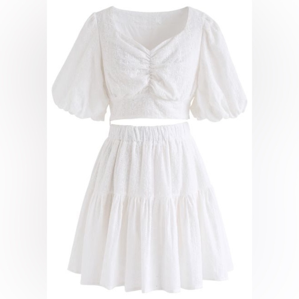 Sweetheart White Floral Embroidery Puff-Sleeved Crop Top and Skirt Matching Set